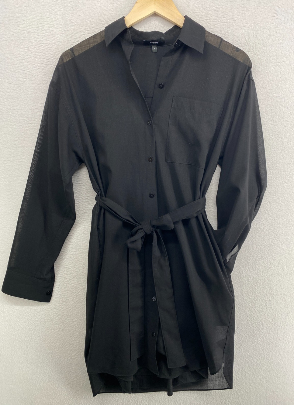 THEORY Dress P Wool Blend Chiffon Long Sleeve Sheer Shirtdress Slip Black